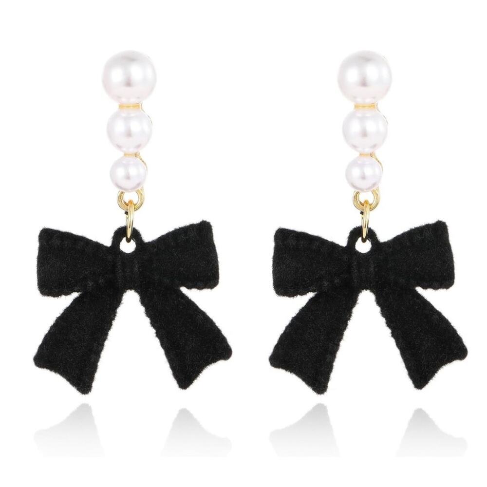 Black Bow Pearl Drop Earrings